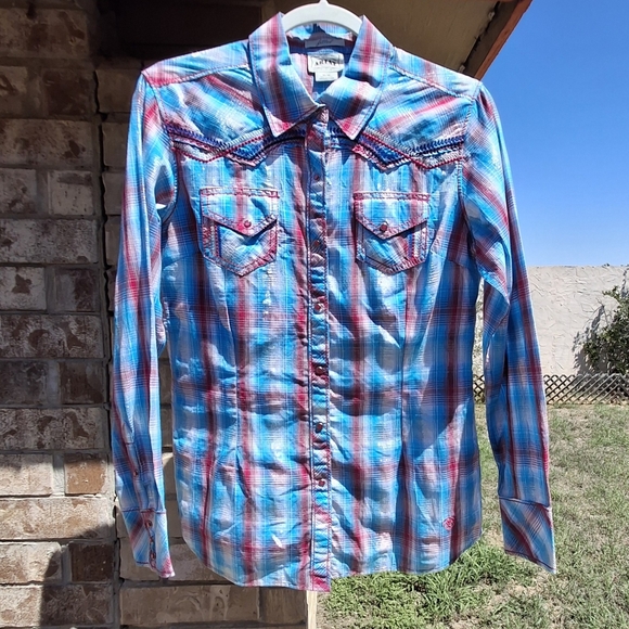 Ariat Western Snap Button Yoke Long Sleeve Metallic Blue Pink Women Size Medium - Picture 5 of 15